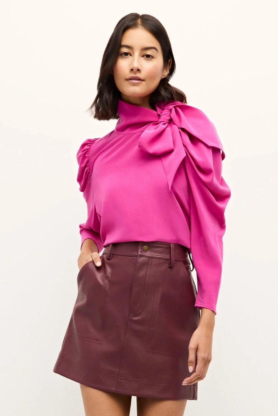 Marie Oliver Gabriella Blouse Neck Bow Puff Sleeve Preppy Coquette Silk Small